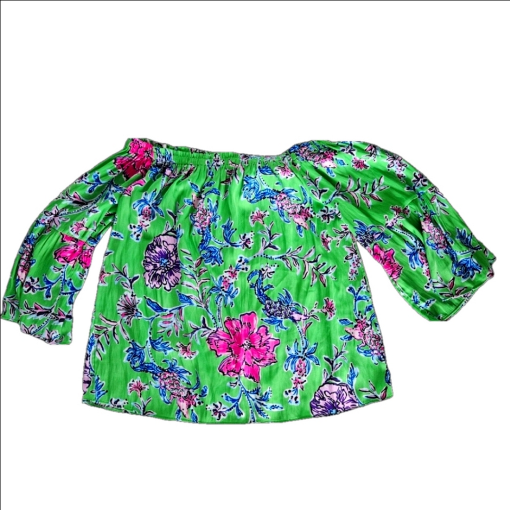 Lilly Pulitzer Brewster Blooms Nevie Off-Shoulder Top Gecko Green Pink M NWT - Picture 2 of 7